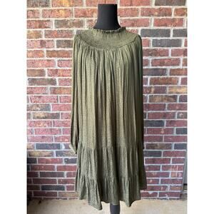 NWT Loft smocked yoke swing dress - Size M Modest Polka Dot Olive Green Silky
